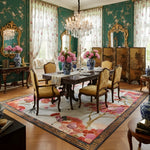 Imperial Iconography Square Hand Tufted Wool Rug in a dining room, cream ground with cranes, pink florals and Greek key border