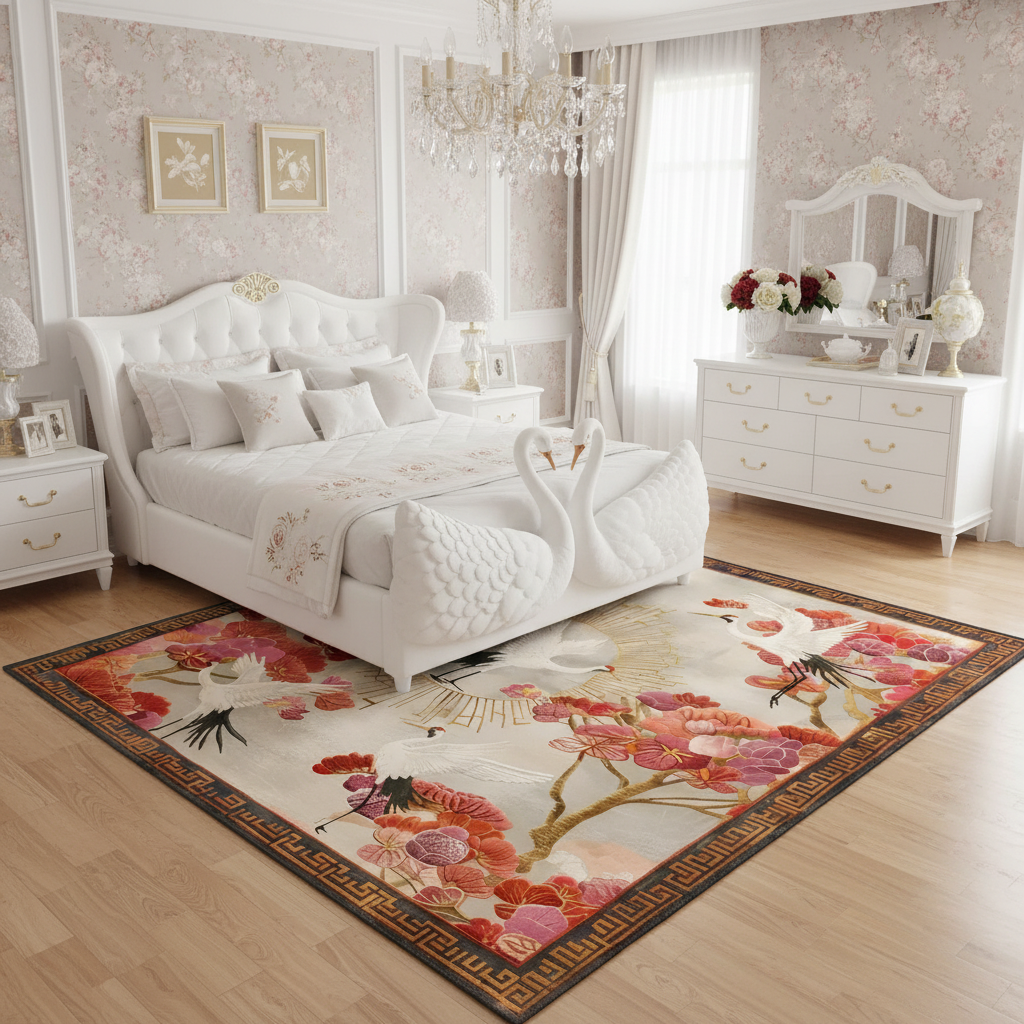 Imperial Iconography Square Hand Tufted Wool Rug in a white bedroom, cream ground with cranes, pink peonies and Greek key border