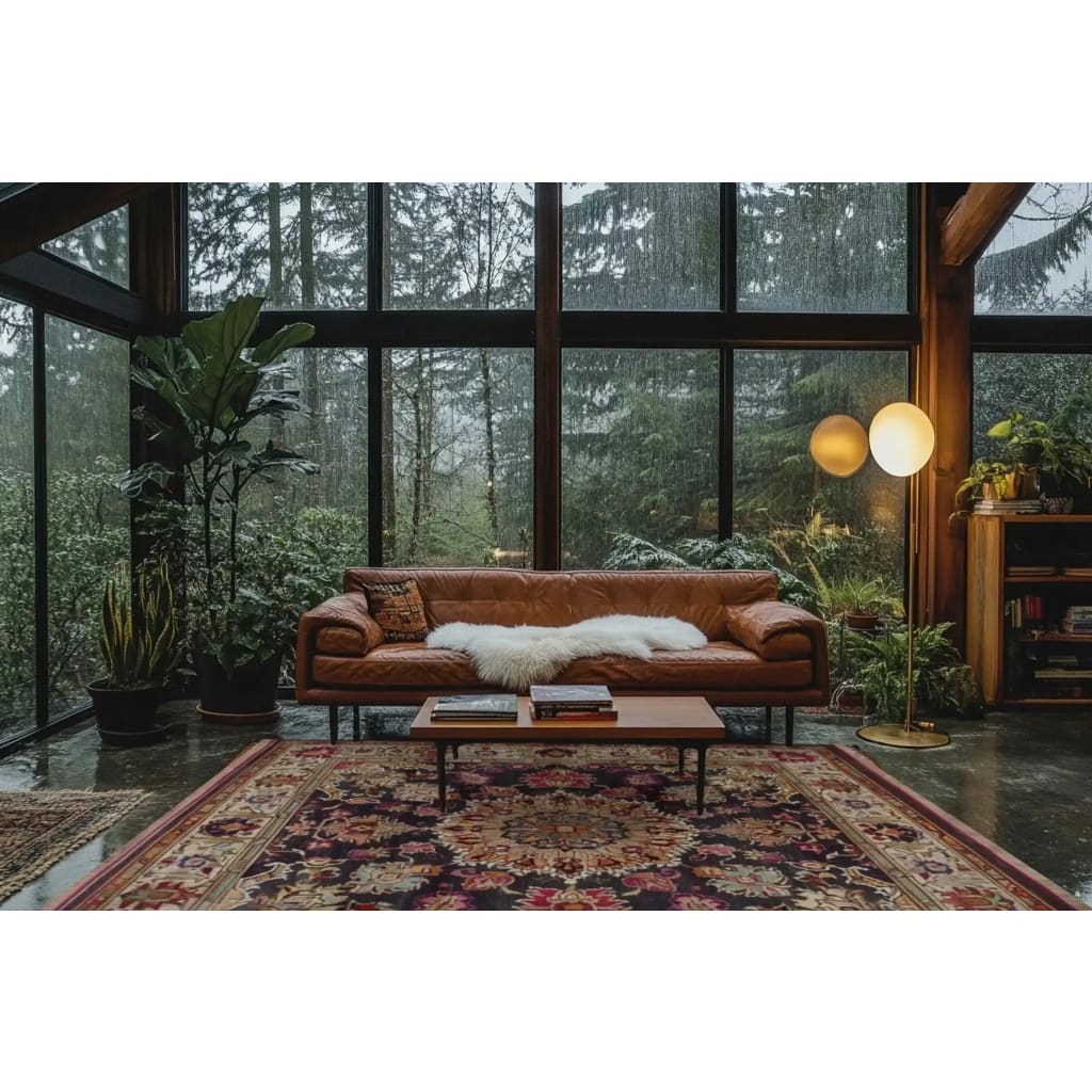 A beautifully designed living room features a luxurious Imperial Jewel Hand Knotted Area Rug with intricate floral patterns, perfect for adding a vintage touch. The square area rug complements the elegant brown leather sofa and modern decor, making it ideal for both living room and dining room settings. Surrounded by lush green plants and large windows, this Persian-inspired wool rug enhances the cozy ambiance with its rich colors.