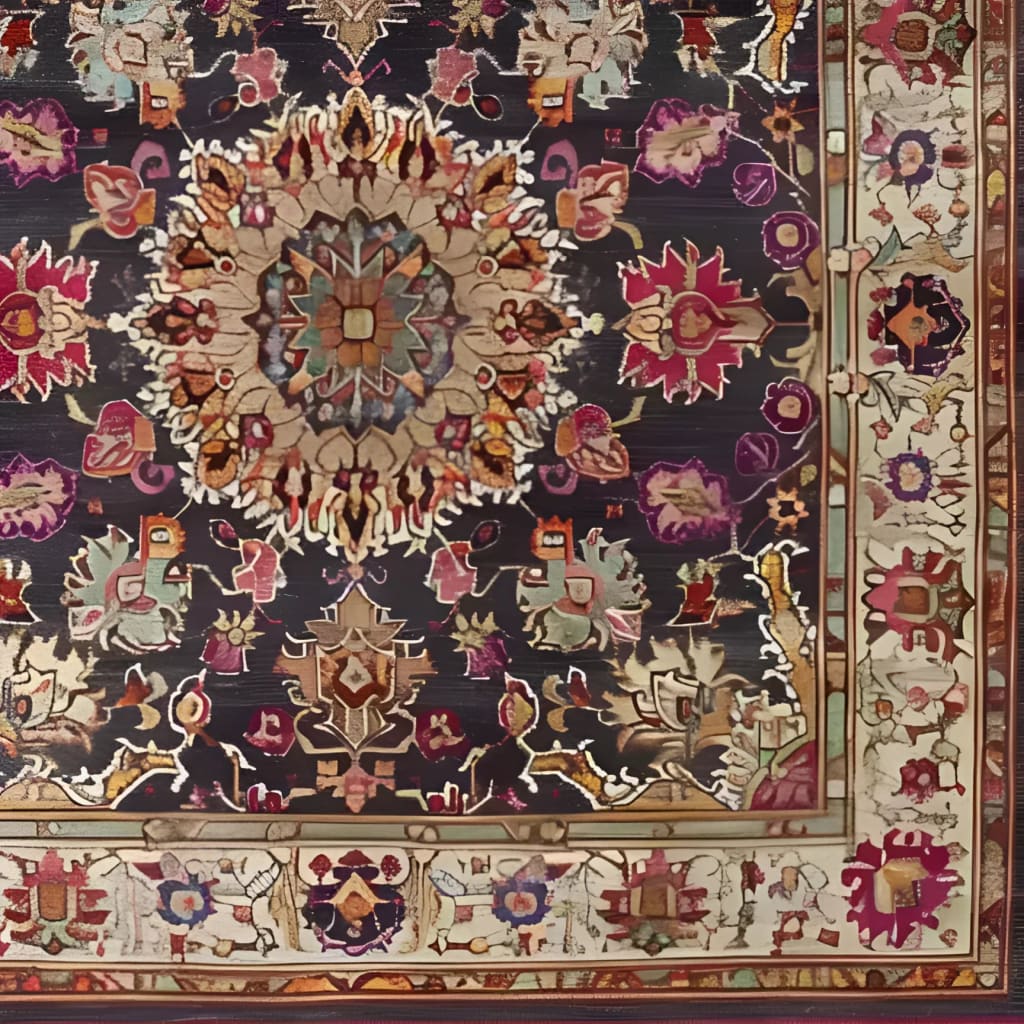 A beautifully intricate Imperial Jewel Hand Knotted Area Rug with a rich floral design in vibrant colors, perfect as a vintage square rug for the dining room or living room. This Persian-inspired wool rug features a captivating medallion at its center, surrounded by detailed patterns, making it an elegant choice for dining room carpets and area rugs.