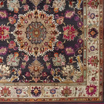 A beautifully intricate Imperial Jewel Hand Knotted Area Rug with a rich floral design in vibrant colors, perfect as a vintage square rug for the dining room or living room. This Persian-inspired wool rug features a captivating medallion at its center, surrounded by detailed patterns, making it an elegant choice for dining room carpets and area rugs.