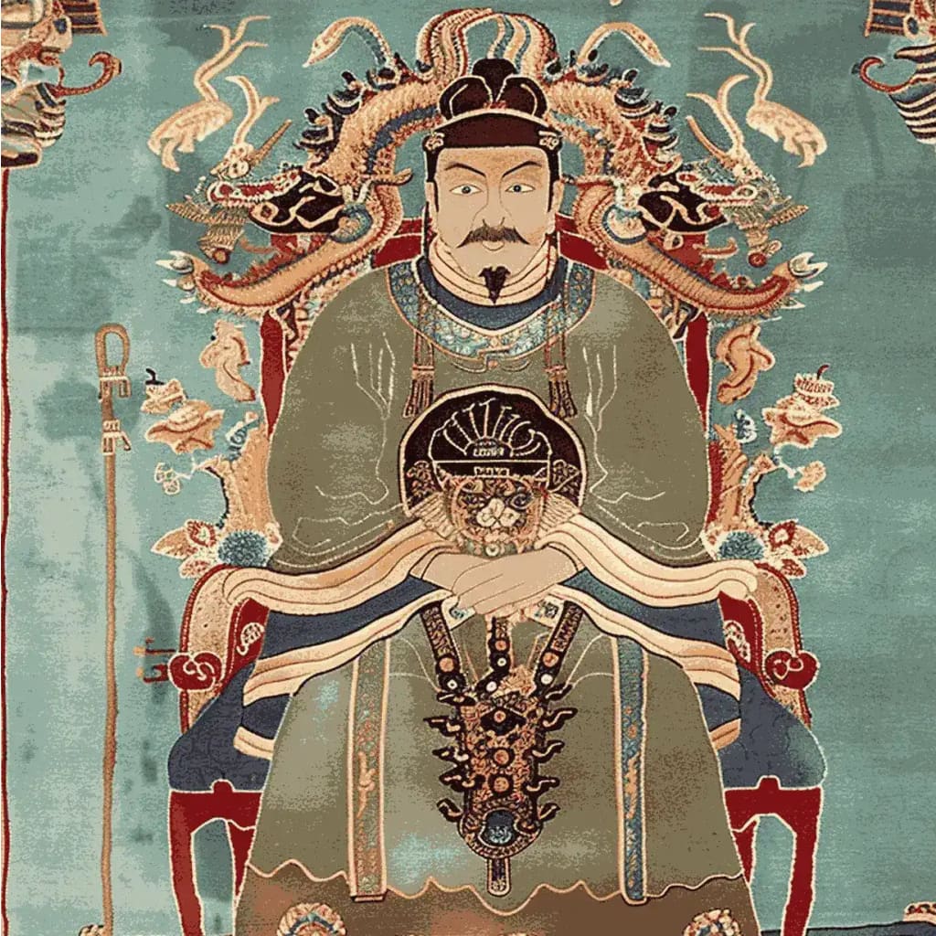 This intricate area rug features a regal design with an emperor seated on a throne, surrounded by ornate dragons and traditional motifs. Perfect as a wool rug for adding elegance to any space, this piece is ideal for rugs for living room settings, especially in an 8x10 layout.