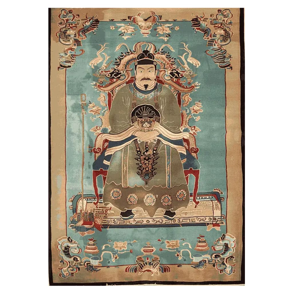 Imperial Legacy Hand Tufted Area Rug featuring a majestic design with intricate patterns, perfect for adding a touch of elegance to your living room. This wool rug showcases a regal figure surrounded by ornate details, ideal for rugs for living room in 8x10 size.