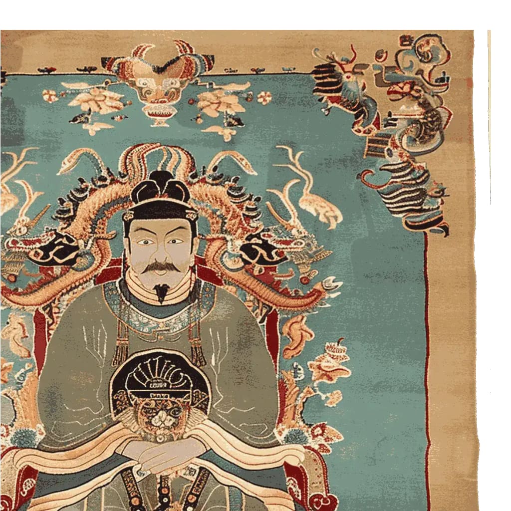 Imperial Legacy Hand Tufted Area Rug featuring an intricate design of an emperor with vibrant colors and detailed patterns. This elegant wool rug is perfect for adding a touch of luxury to living rooms. Ideal as a living room rug in an 8x10 size, it combines traditional artistry with contemporary style.