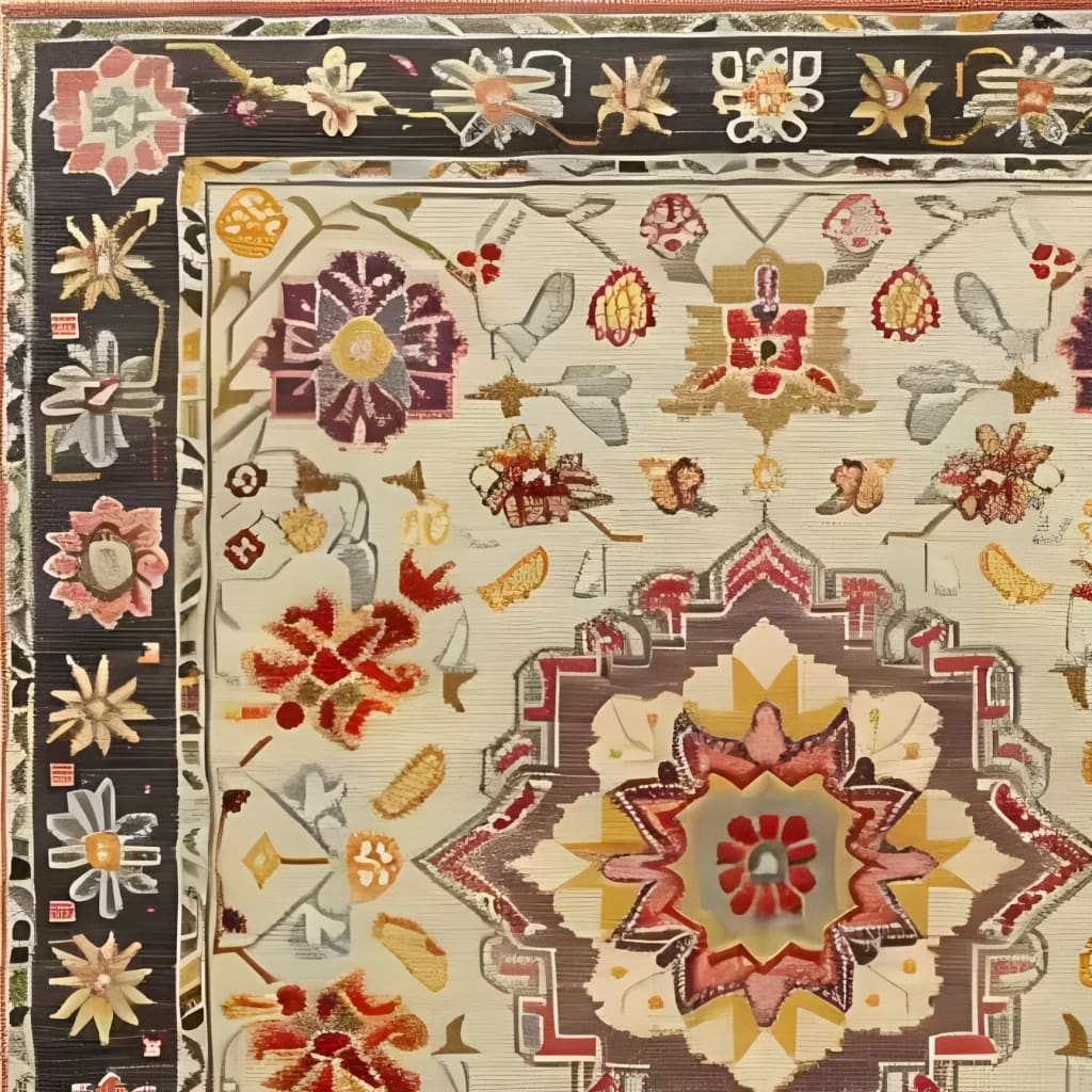 Close-up view of an Imperial Opulence Hand Knotted Area Rug, showcasing intricate floral and geometric patterns in rich, vintage colors. This large living room rug, perfect for an 8x10 space, features a Persian-inspired design with a detailed border and vibrant motifs, ideal for adding a touch of elegance to any decor.