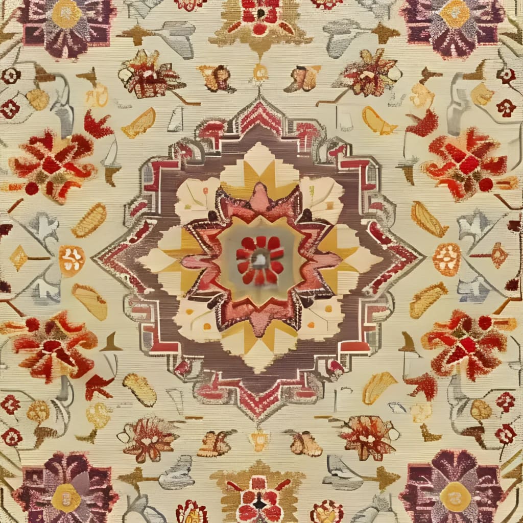 A detailed view of the Imperial Opulence Hand Knotted Area Rug showcasing its intricate floral and geometric patterns in warm tones. Perfect for large living room spaces, this 8x10 vintage rug combines Persian influences with a modern touch, making it an elegant centerpiece for any home decor.