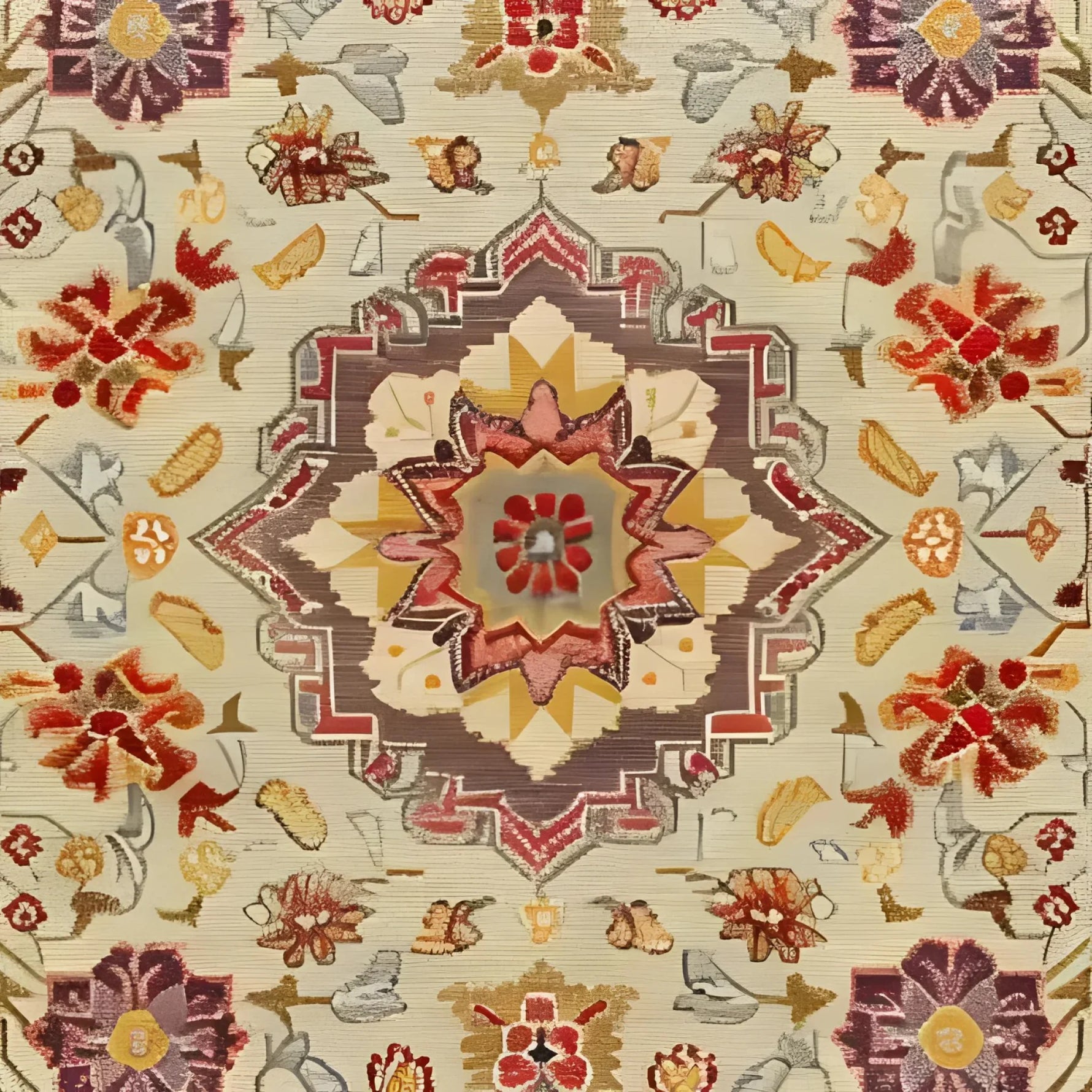 A detailed view of the Imperial Opulence Hand Knotted Area Rug showcasing its intricate floral and geometric patterns in warm tones. Perfect for large living room spaces, this 8x10 vintage rug combines Persian influences with a modern touch, making it an elegant centerpiece for any home decor.