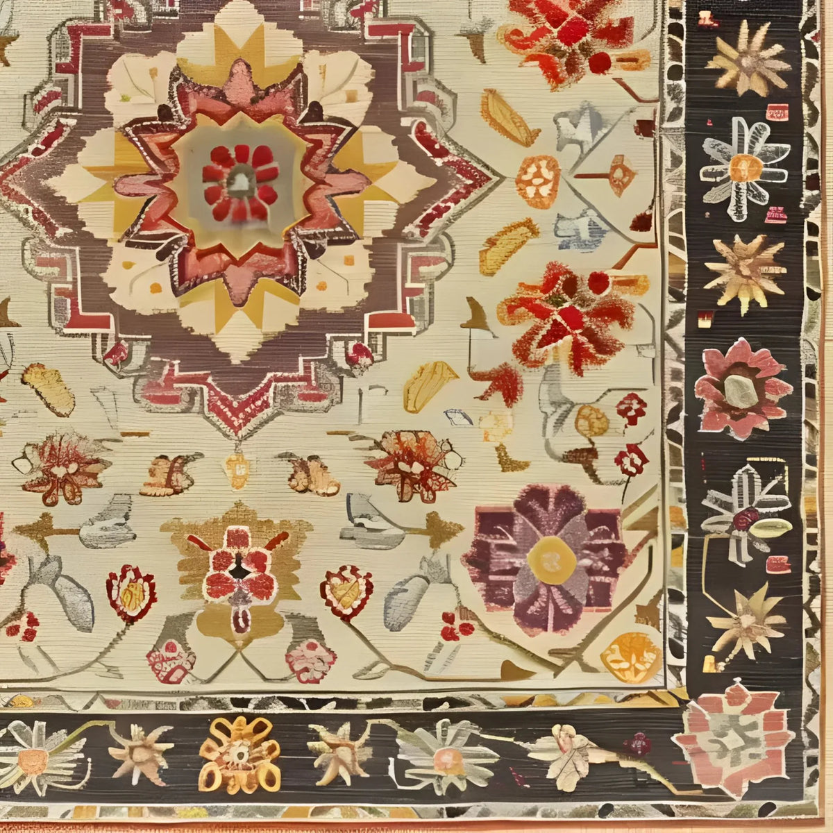 A vibrant Imperial Opulence Hand Knotted Area Rug featuring an intricate floral pattern with rich colors. This vintage-style Persian rug showcases detailed designs perfect for large living rooms. Ideal as an 8x10 living room rug, the rug brings timeless elegance with its classic motifs and exquisite craftsmanship.