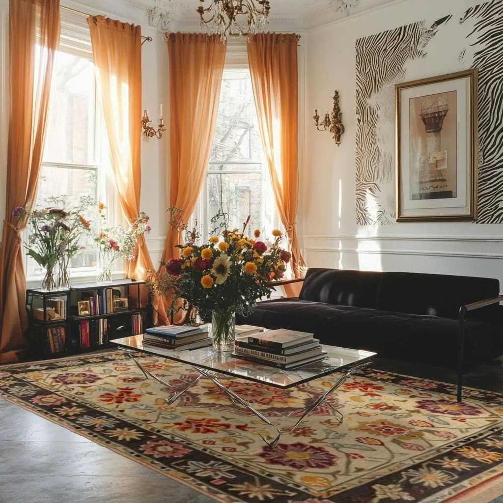 Elegant living room featuring the Imperial Opulence Hand Knotted Area Rug. This vintage Persian rug, perfect for large living rooms, showcases an intricate floral design in vibrant colors. The 8x10 area rug complements the sophisticated décor, with a stylish black sofa, glass coffee table, and golden drapes enhancing the luxurious ambiance.