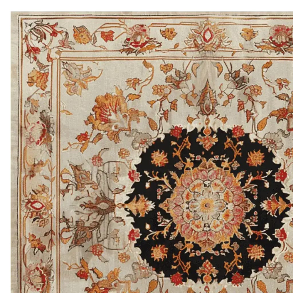 This luxurious area rug showcases a vibrant floral design with intricate patterns, ideal for enhancing both the living room and bedroom. The hand-tufted wool square rug features a central medallion with rich colors that stand out against a contrasting black background, perfect as a stylish addition to your home decor.