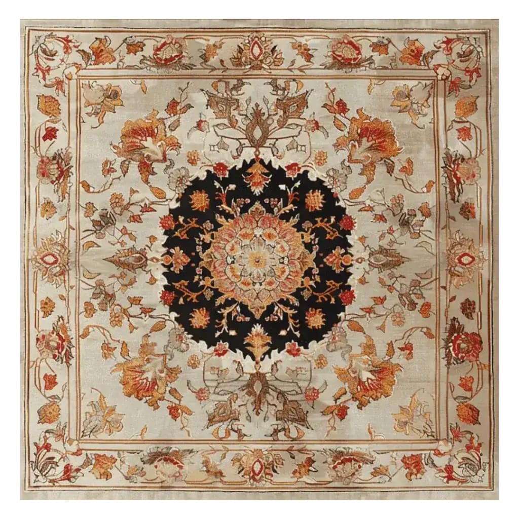 The Imperial Petal Blaze Hand Tufted Rug, a stunning square area rug, features a rich floral design with intricate patterns in warm tones. Perfect for adding elegance to living rooms or bedrooms, this wool rug offers a luxurious touch to any space.