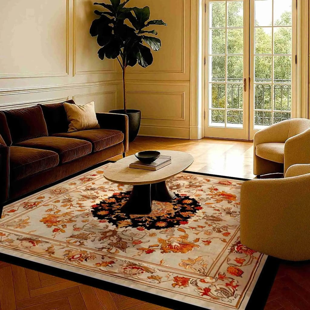Elegant living room featuring the Imperial Petal Blaze Hand Tufted Area Rug. This square floral wool rug, perfect for both bedrooms and living rooms, showcases intricate patterns in warm tones. Ideal for adding a touch of sophistication to your space.