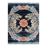 Top view of the Imperial Roar Hand Tufted Rug, featuring an abstract floral design with roaring tigers and intricate patterns. This area rug is perfect for adding a vintage touch to living rooms, available in 8x10 size. Made from high-quality wool, it's an ideal choice for those seeking unique floral and vintage rugs.
