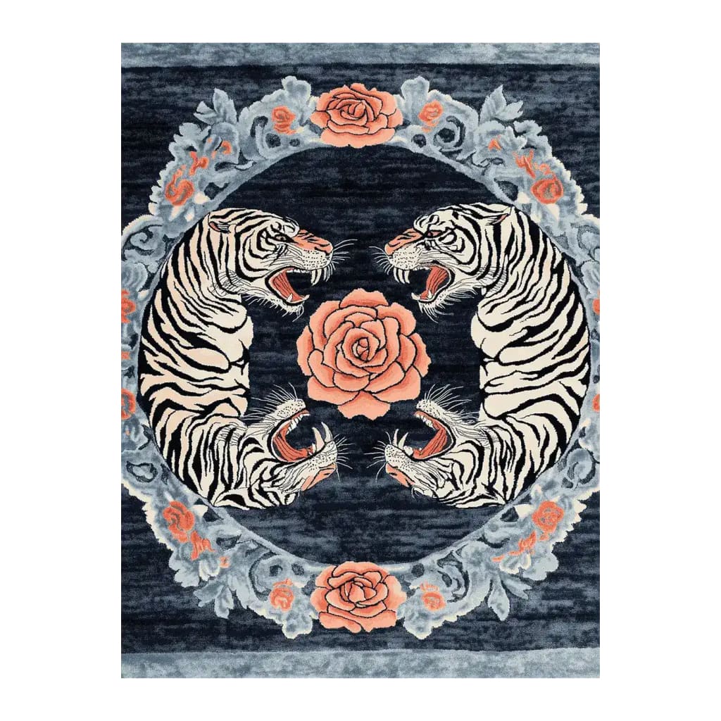 Top view of the Imperial Roar Hand Tufted Rug, featuring an abstract floral design with roaring tigers and intricate patterns. This area rug is perfect for adding a vintage touch to living rooms, available in 8x10 size. Made from high-quality wool, it's an ideal choice for those seeking unique floral and vintage rugs.