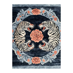 Top view of the Imperial Roar Hand Tufted Rug, featuring an abstract floral design with roaring tigers and intricate patterns. This area rug is perfect for adding a vintage touch to living rooms, available in 8x10 size. Made from high-quality wool, it's an ideal choice for those seeking unique floral and vintage rugs.