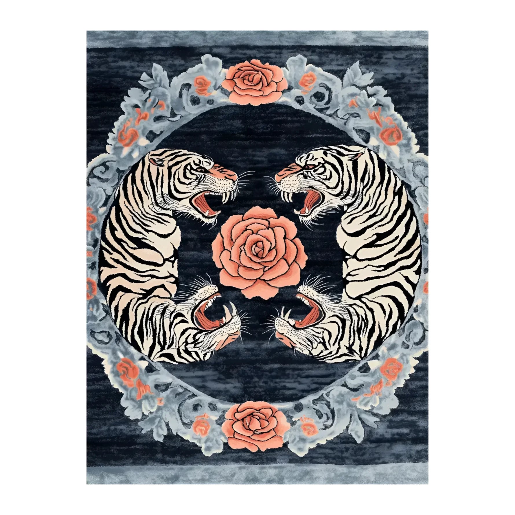 Top view of the Imperial Roar Hand Tufted Rug, featuring an abstract floral design with roaring tigers and intricate patterns. This area rug is perfect for adding a vintage touch to living rooms, available in 8x10 size. Made from high-quality wool, it's an ideal choice for those seeking unique floral and vintage rugs.