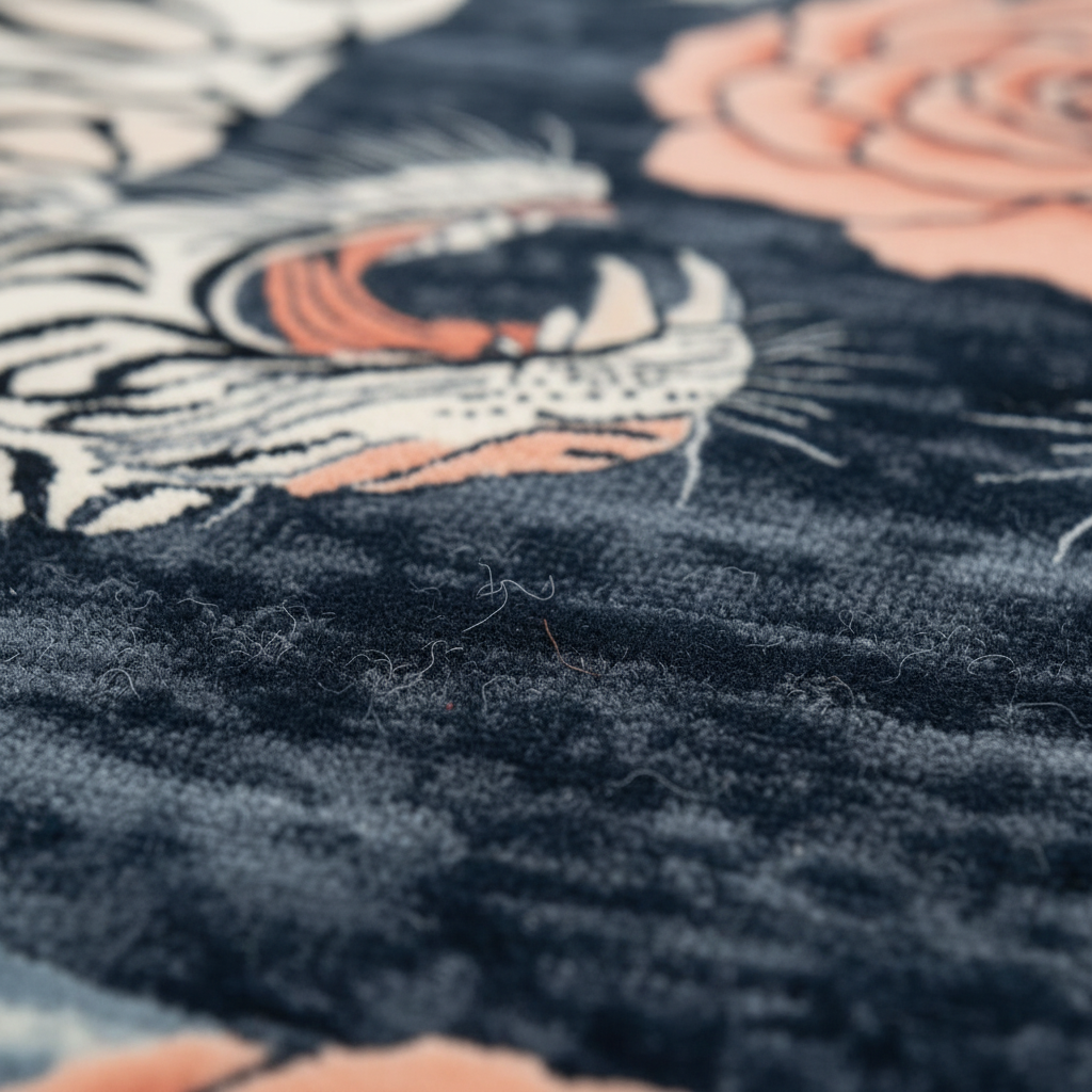 Close-up of a textured fabric with embroidered tiger design on a dark background