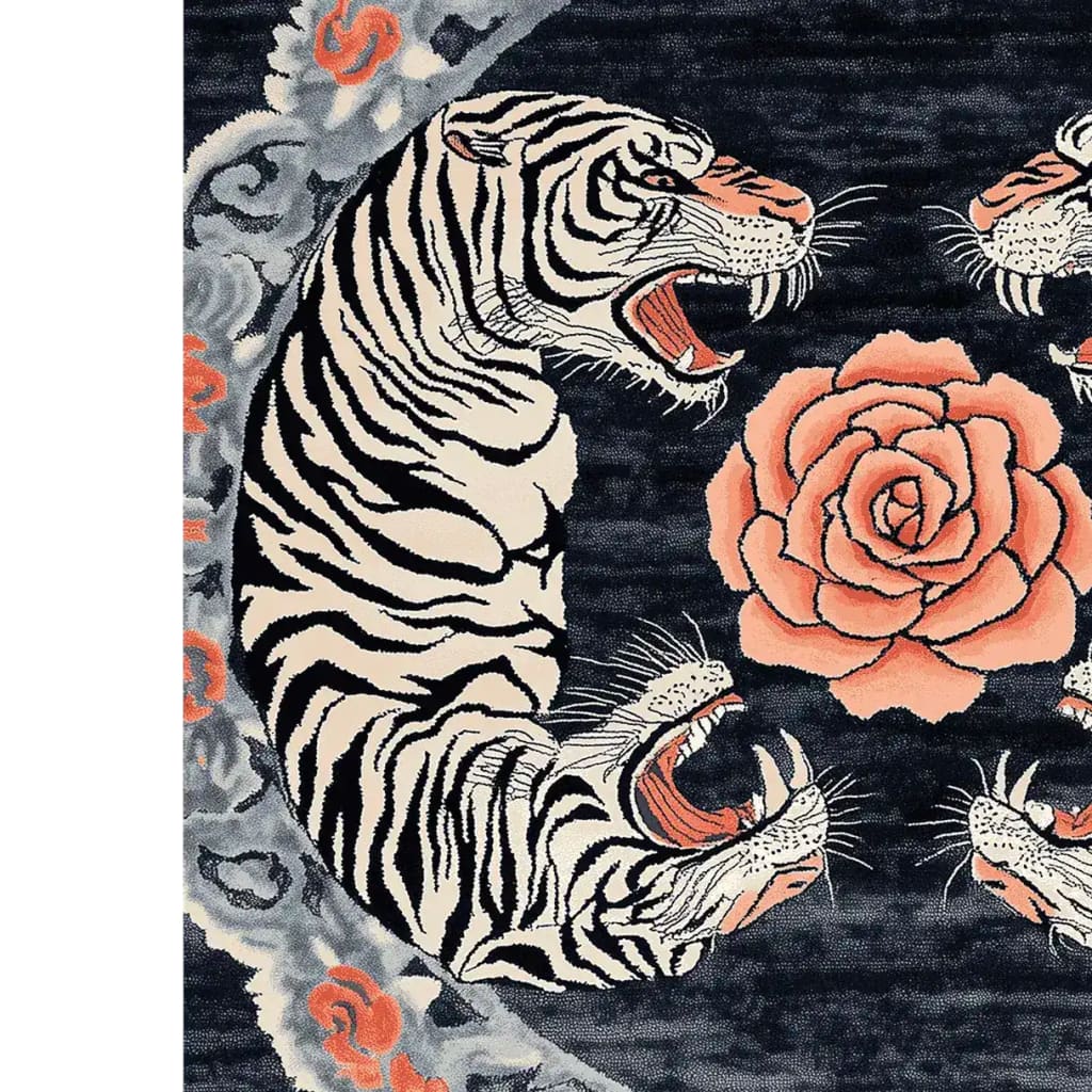 Top view of the Imperial Roar Hand Tufted Area Rug, featuring an abstract design with roaring white tigers and a central floral motif. This 8x10 wool rug adds a vintage flair to living room spaces, combining bold patterns with intricate details.