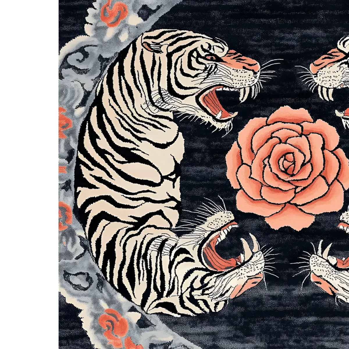 Top view of the Imperial Roar Hand Tufted Area Rug, featuring an abstract design with roaring white tigers and a central floral motif. This 8x10 wool rug adds a vintage flair to living room spaces, combining bold patterns with intricate details.