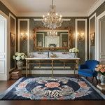 Luxurious bathroom with ornate fixtures, a large mirror, and a decorative tiger rug.