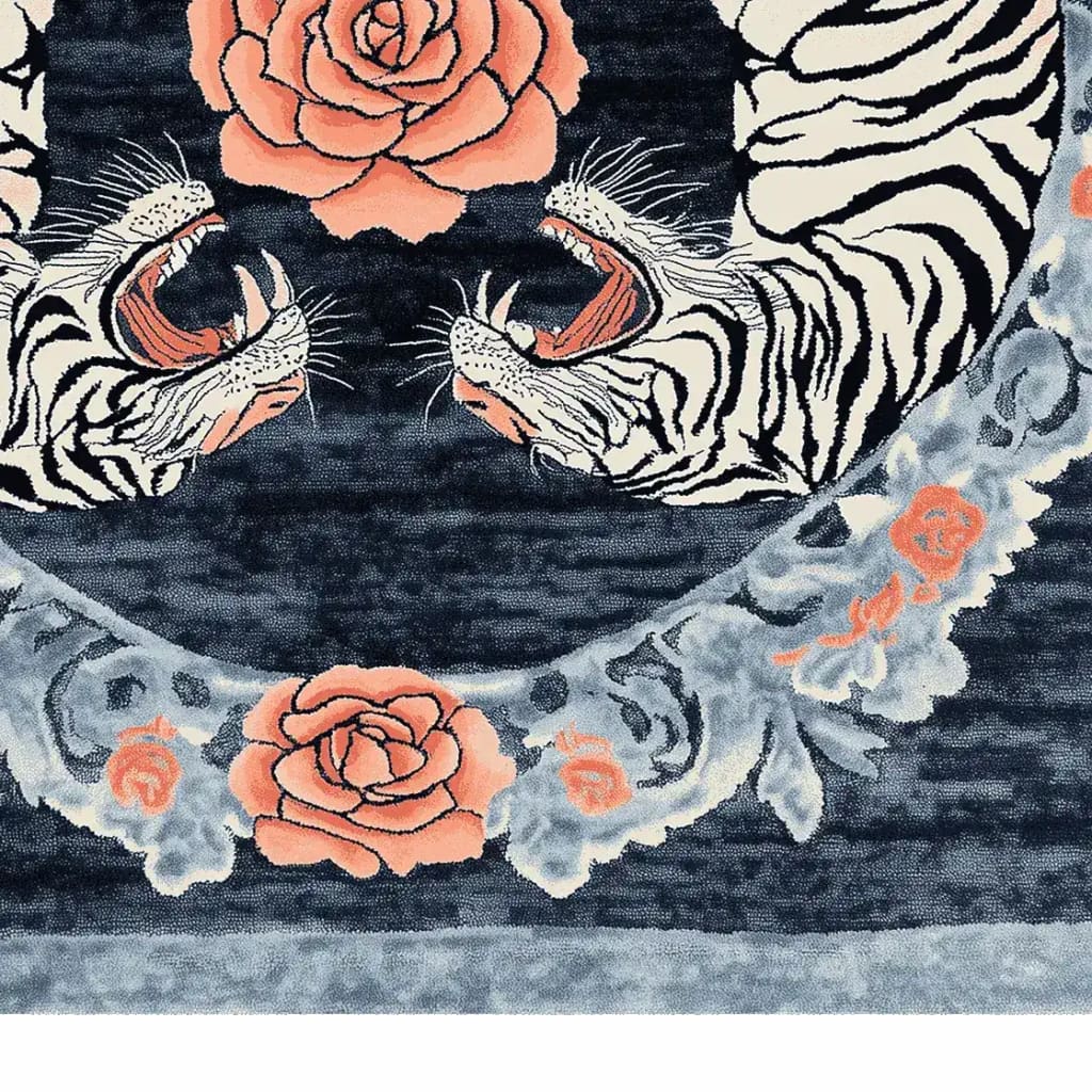 Close-up view of the Imperial Roar Hand Tufted Rug showcasing its vibrant design. The area rug features bold floral patterns and roaring tiger motifs, combining vintage and abstract elements. This wool rug is ideal for living room settings, available in an 8x10 size, perfect for adding a touch of elegance and creativity to your space.
