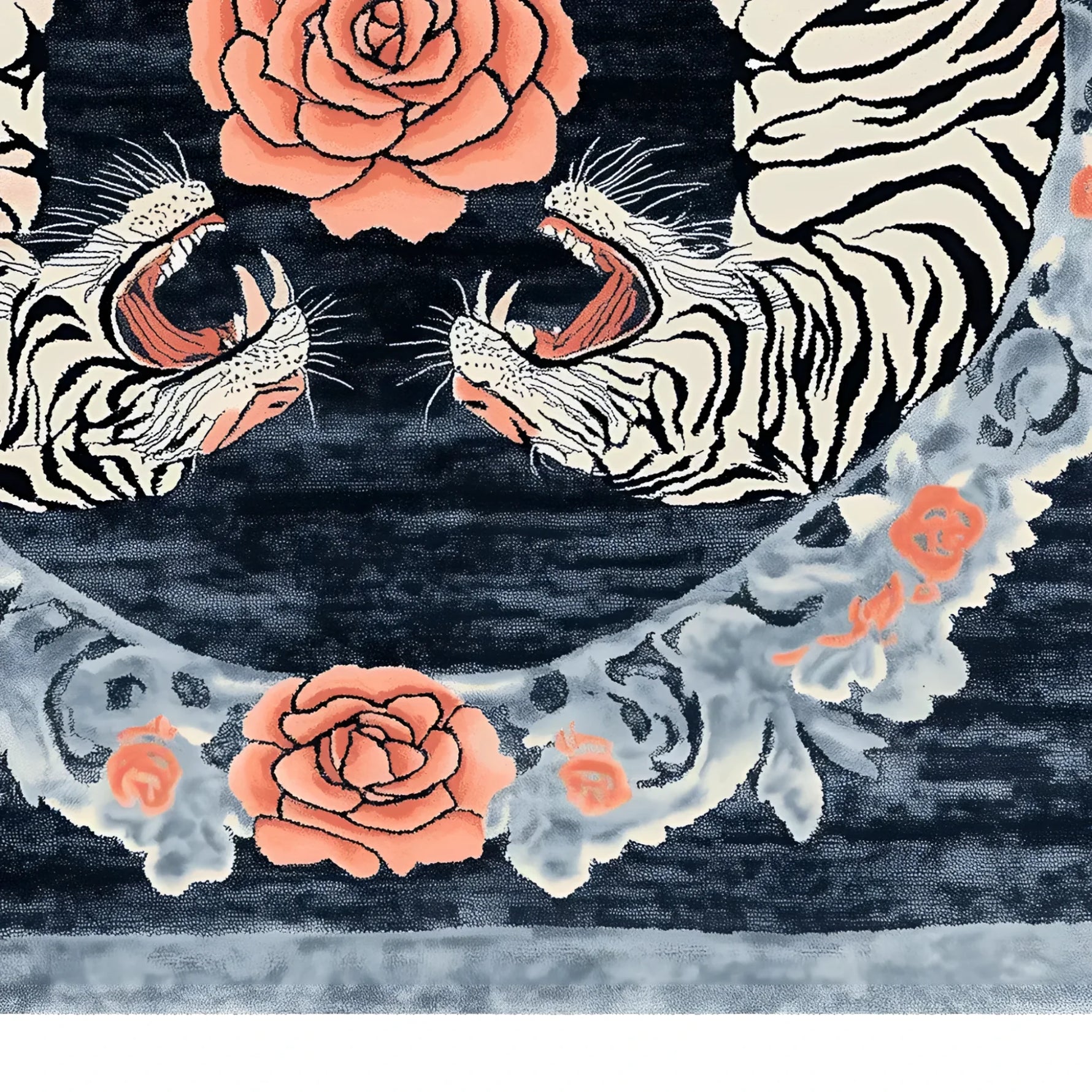 Close-up view of the Imperial Roar Hand Tufted Rug showcasing its vibrant design. The area rug features bold floral patterns and roaring tiger motifs, combining vintage and abstract elements. This wool rug is ideal for living room settings, available in an 8x10 size, perfect for adding a touch of elegance and creativity to your space.