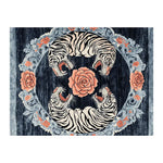 This striking area rug, perfect for living rooms, measures 8x10 and features a bold floral and tiger design. The hand-tufted wool rug showcases a vintage aesthetic with intricate patterns of tigers and roses, making it a stunning centerpiece for any room.