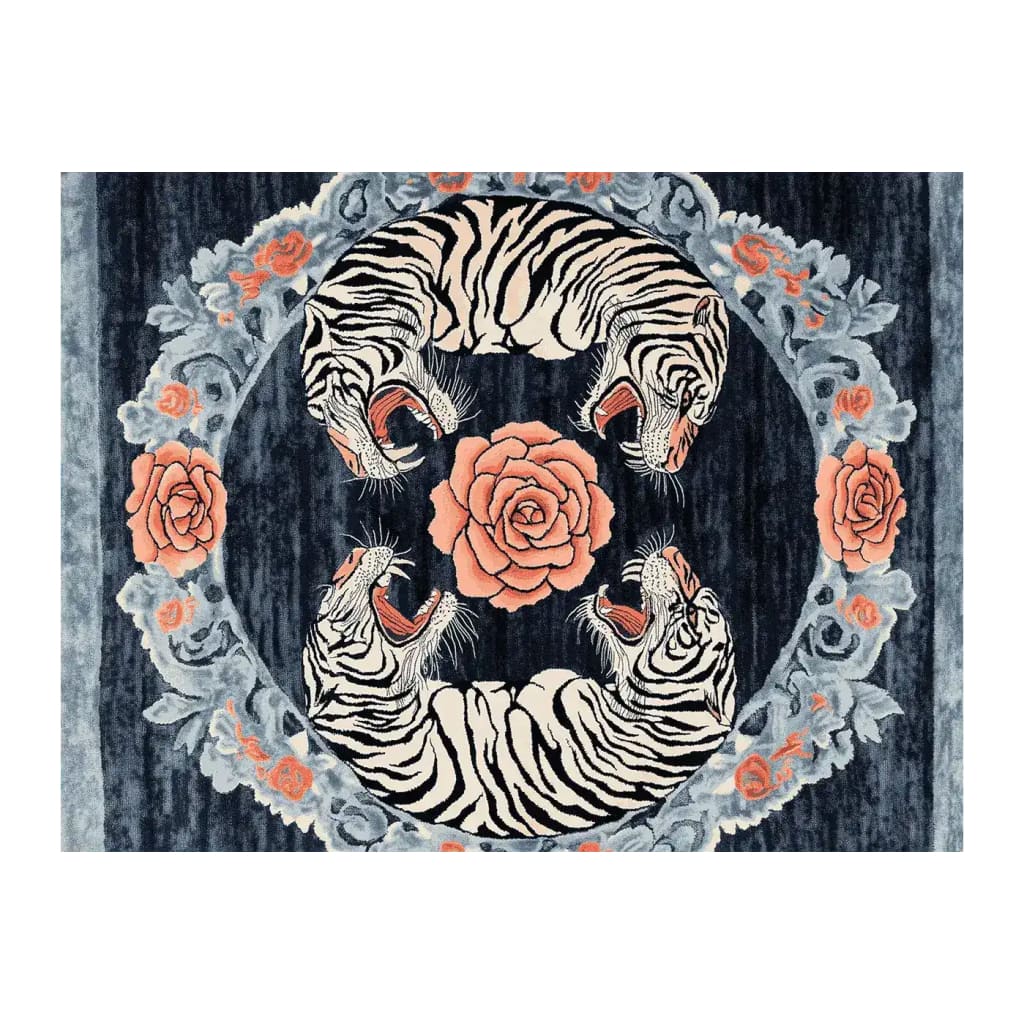 This striking area rug, perfect for living rooms, measures 8x10 and features a bold floral and tiger design. The hand-tufted wool rug showcases a vintage aesthetic with intricate patterns of tigers and roses, making it a stunning centerpiece for any room.