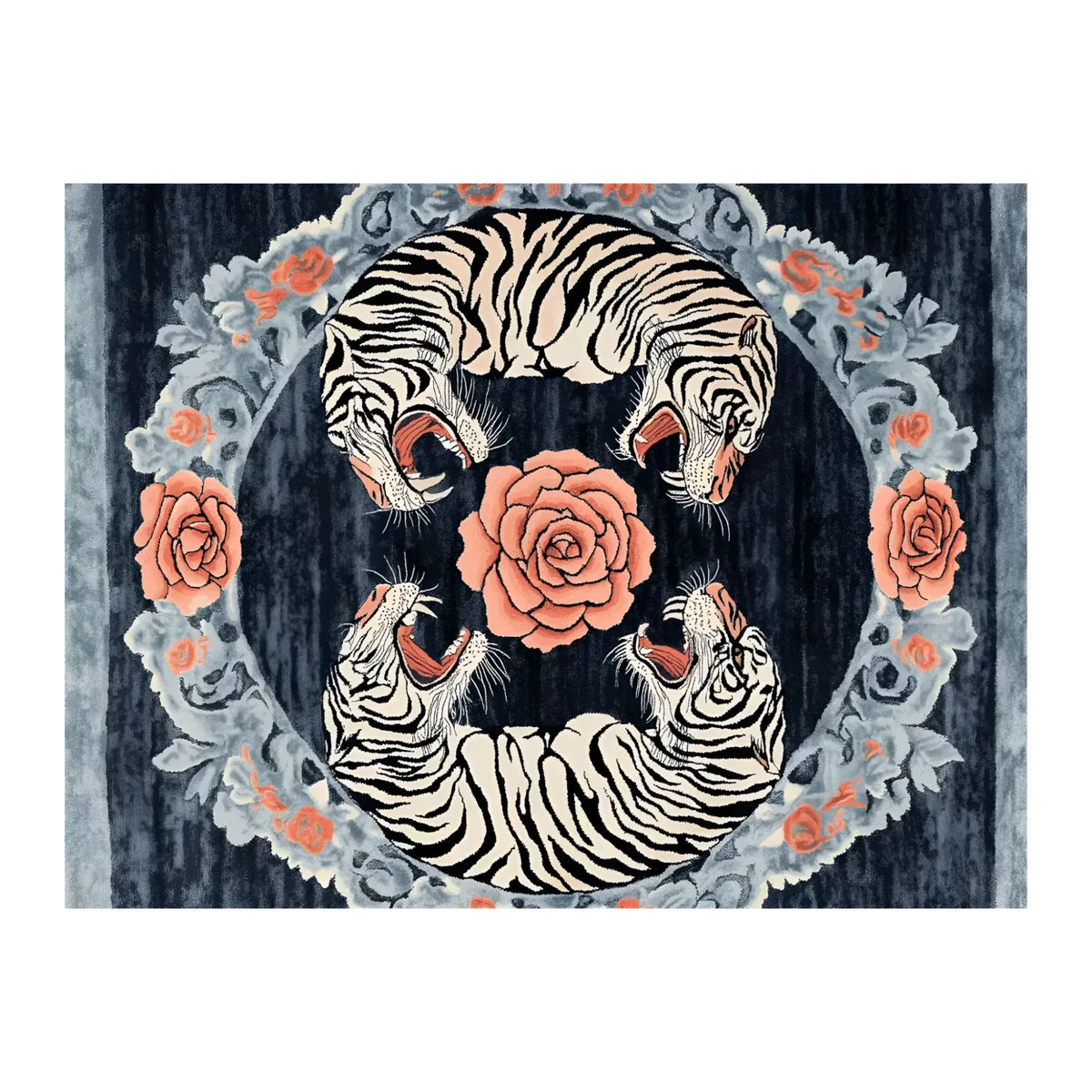 This striking area rug, perfect for living rooms, measures 8x10 and features a bold floral and tiger design. The hand-tufted wool rug showcases a vintage aesthetic with intricate patterns of tigers and roses, making it a stunning centerpiece for any room.