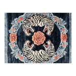 This striking area rug, perfect for living rooms, measures 8x10 and features a bold floral and tiger design. The hand-tufted wool rug showcases a vintage aesthetic with intricate patterns of tigers and roses, making it a stunning centerpiece for any room.