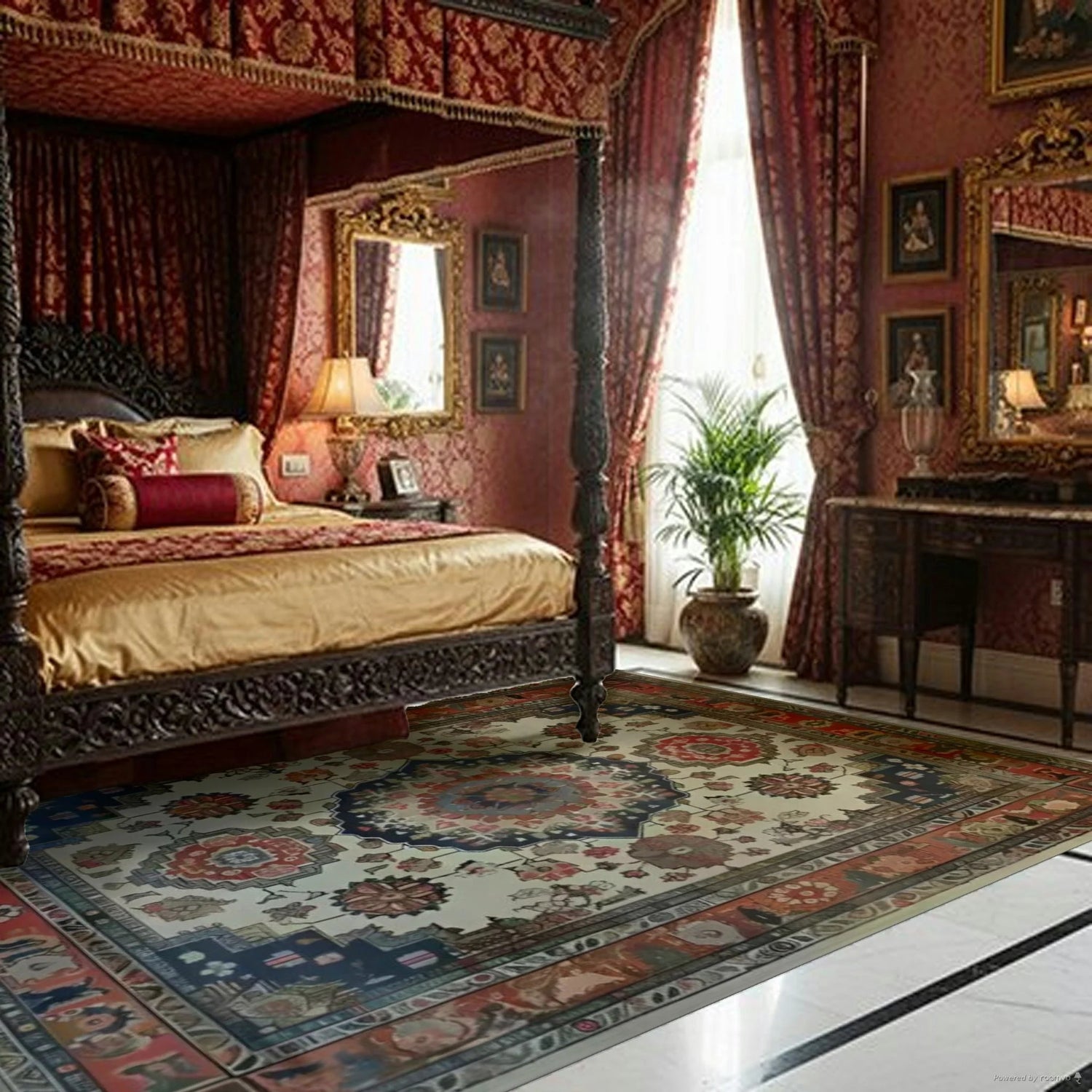 ivory blue and red traditional medallion Imperial Tapestry Hand Knotted Area Rug in opulent red canopy bedroom