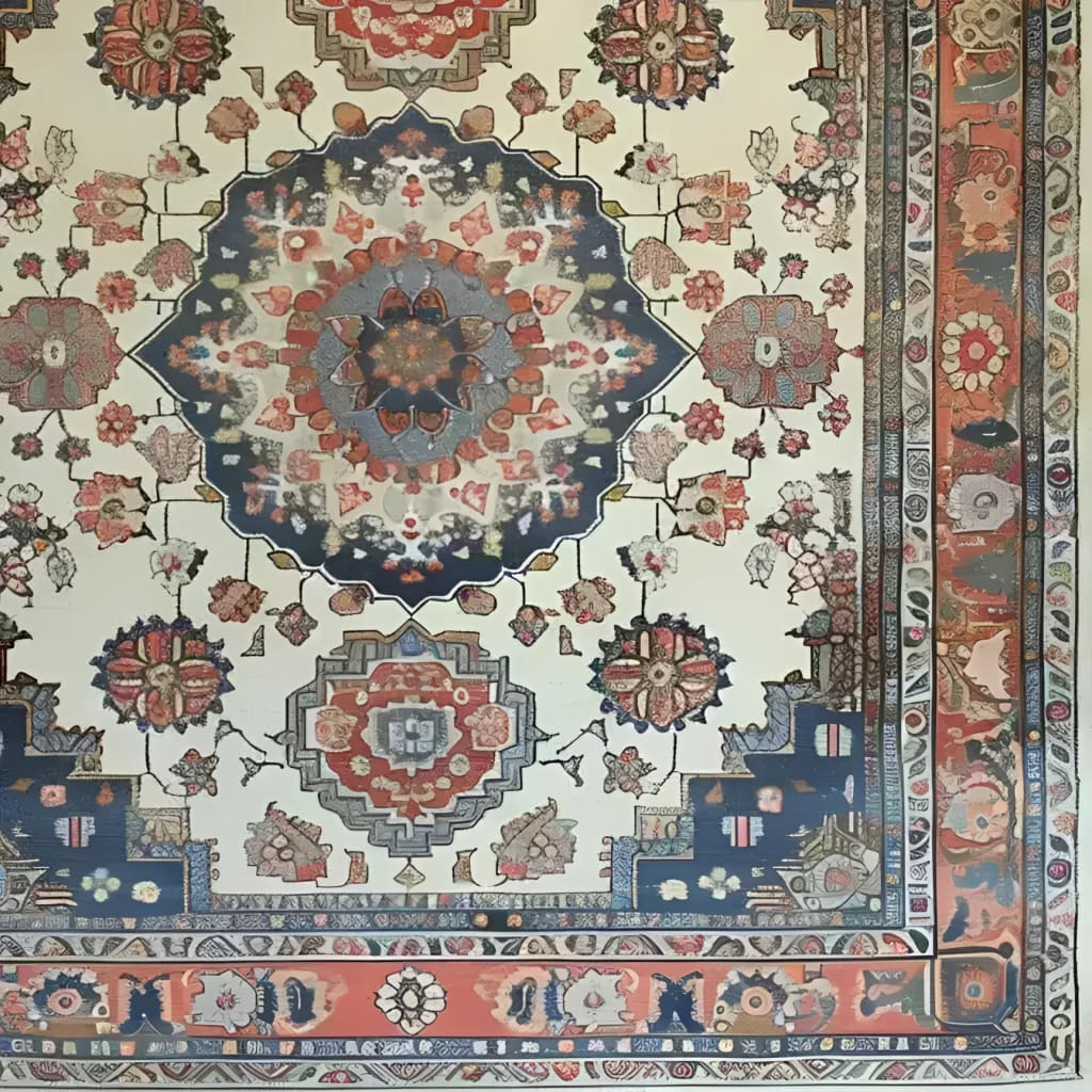 The Imperial Tapestry Hand Knotted Area Rug showcases an intricate floral and vintage design, reminiscent of classic Persian rugs. This stunning living room area rug measures 8x10 and features a rich blend of blues, reds, and creams, perfect for adding a touch of elegance to any space.