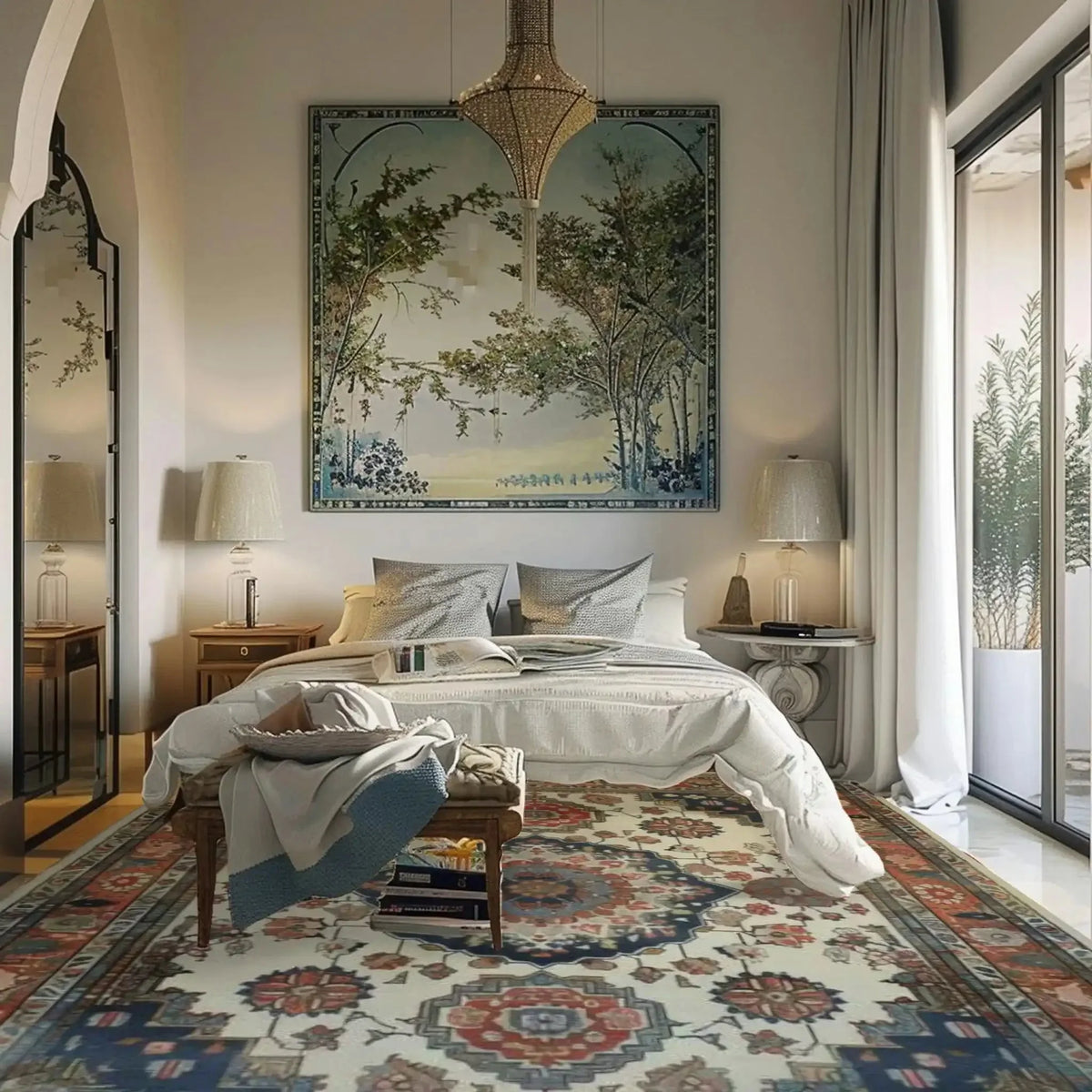 A beautifully styled bedroom featuring an Imperial Tapestry Hand Knotted Area Rug, showcasing a floral vintage design. The rug, perfect for living room spaces, measures 8x10 and adds a Persian touch to the decor with its intricate patterns and rich colors. The room is elegantly furnished with a chandelier, large artwork, and cozy bedding, creating a harmonious and inviting atmosphere.