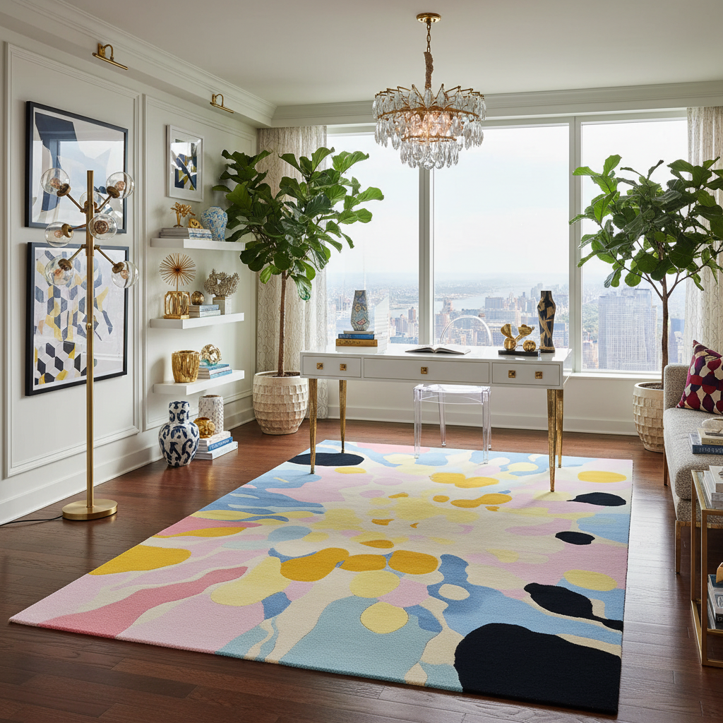 Modern living room with a colorful abstract rug, white desk, and large windows.