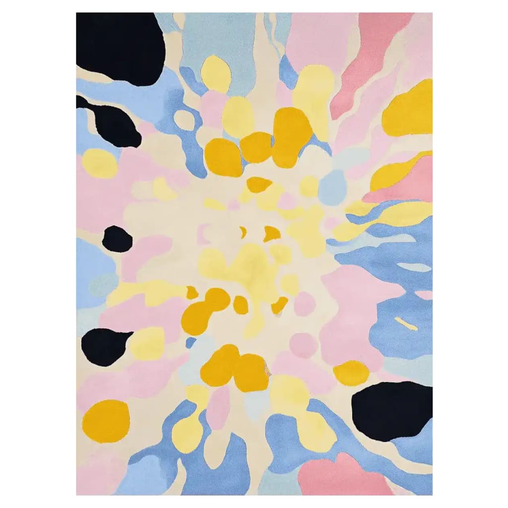 A vibrant Impressionist Light Garden Hand Tufted Area Rug featuring an abstract design with splashes of yellow, pink, blue, and black. This contemporary wool rug adds a touch of modern art to any living room.