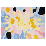 This vibrant area rug features an impressionist design, resembling a burst of color with splashes of yellow, pink, blue, and black. Perfect as a contemporary rug for modern interiors, this hand-tufted wool rug adds an artistic touch to any living room space.