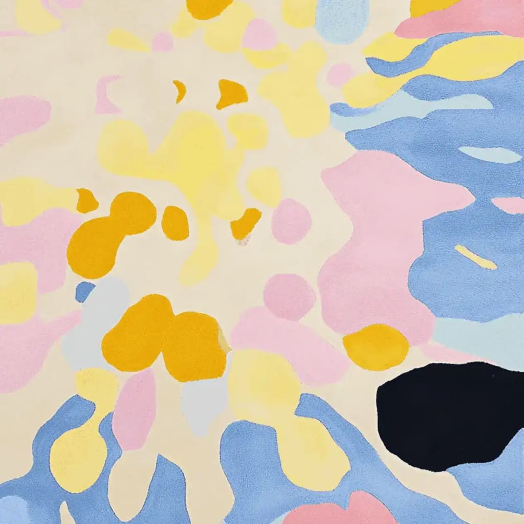 A vibrant area rug with an impressionist design, featuring a mix of pastel colors like yellow, pink, blue, and orange. This contemporary wool rug is perfect for adding a touch of artful elegance to your living room.