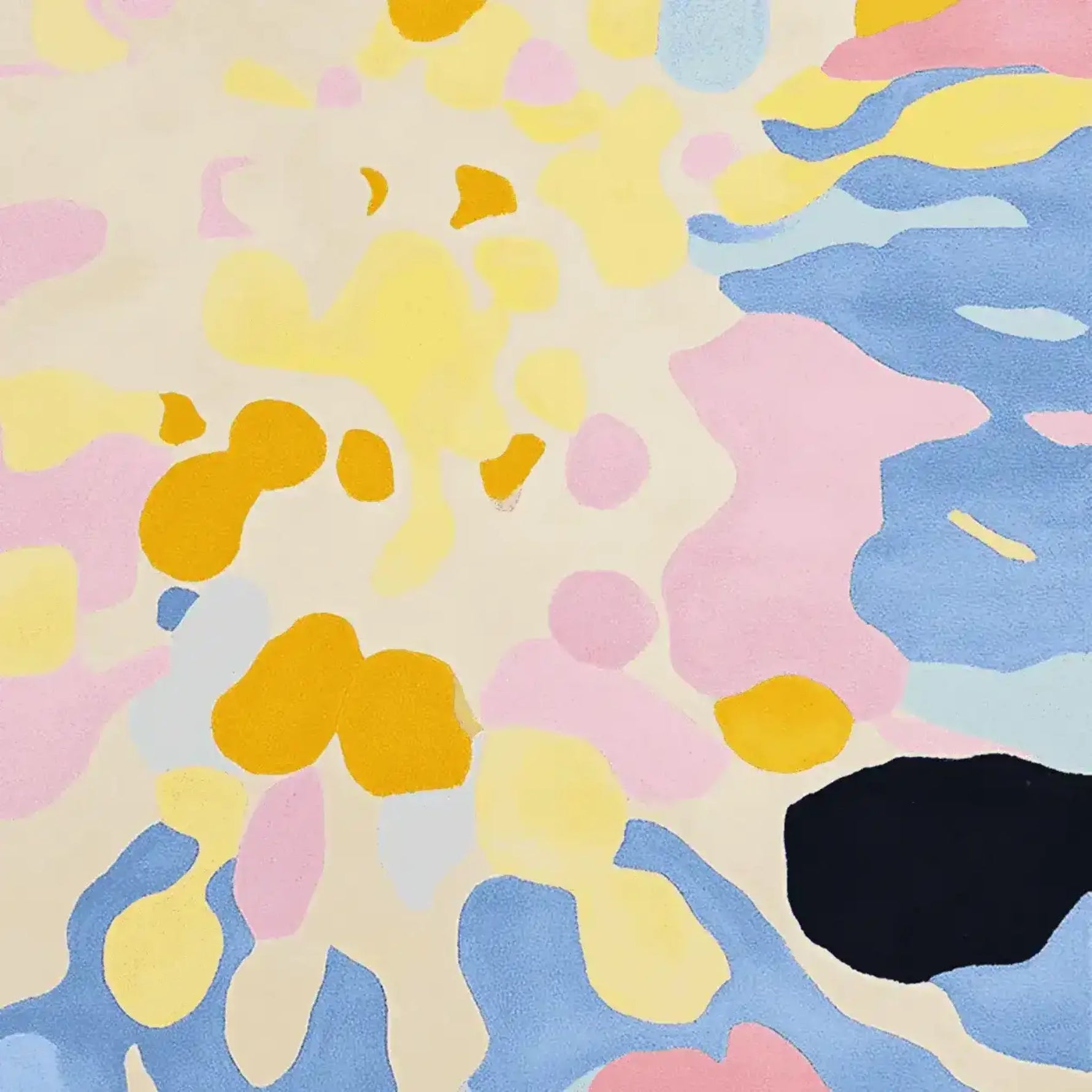 A vibrant area rug with an impressionist design, featuring a mix of pastel colors like yellow, pink, blue, and orange. This contemporary wool rug is perfect for adding a touch of artful elegance to your living room.