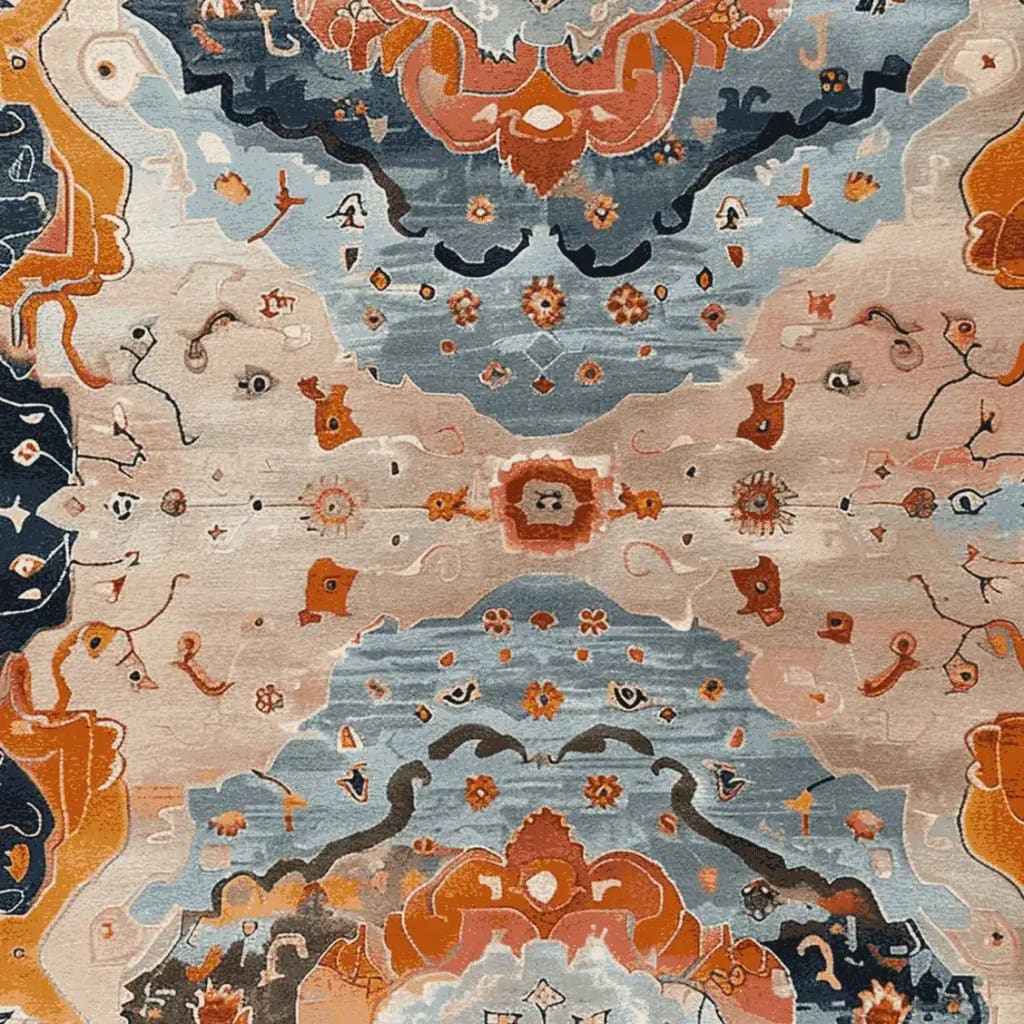 A close-up of the 'In Blooming Time Hand Tufted Rug', showcasing its intricate floral design with vibrant hues of blue, orange, and beige. This wool area rug is ideal for adding a touch of elegance to living rooms. Perfect as an 8x10 living room rug, it combines style and comfort seamlessly.