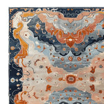 This vibrant area rug showcases an intricate floral design with rich hues of blue, orange, and beige, creating a captivating pattern. Made from high-quality wool, this 8x10 rug is perfect for adding a touch of elegance to your living room.