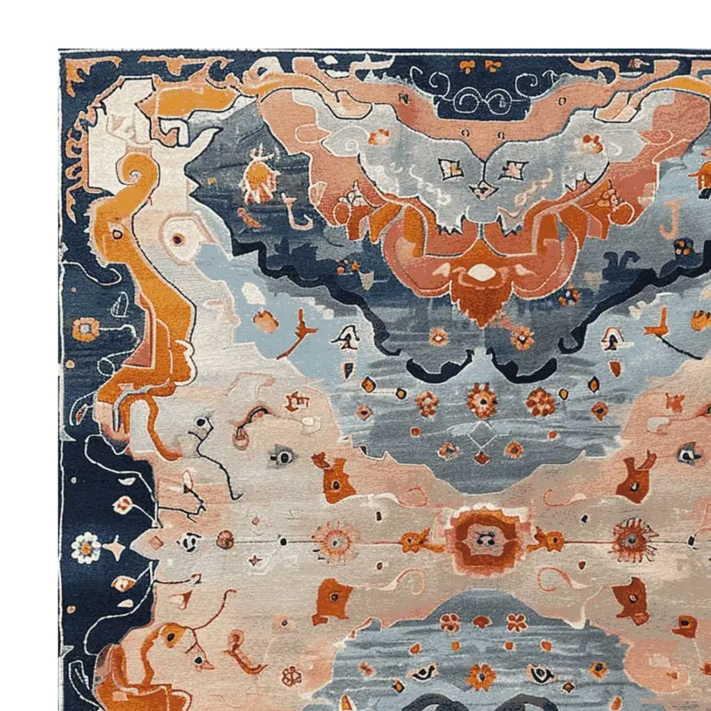 This vibrant area rug showcases an intricate floral design with rich hues of blue, orange, and beige, creating a captivating pattern. Made from high-quality wool, this 8x10 rug is perfect for adding a touch of elegance to your living room.