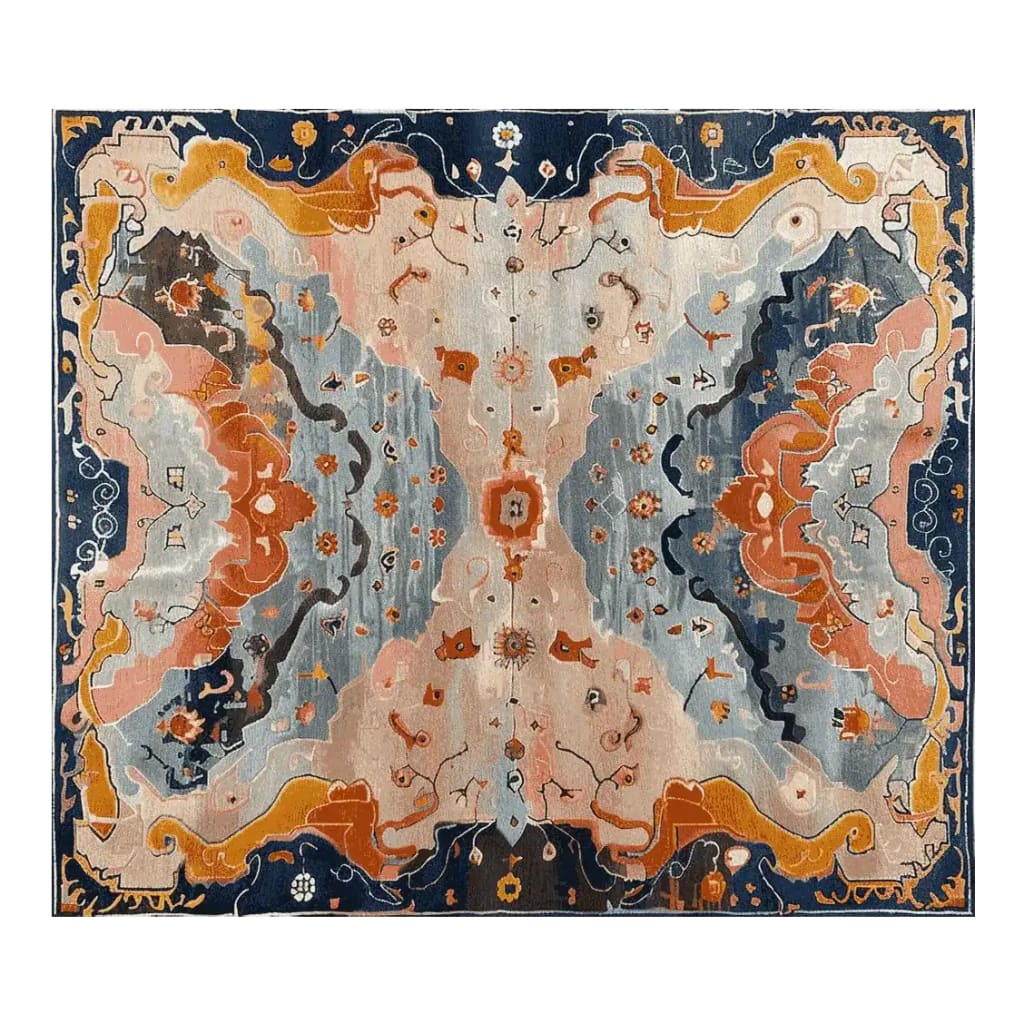 Top view of the 'In Blooming Time Hand Tufted Rug', a vibrant area rug featuring an abstract floral design in rich hues of blue, orange, and peach. Crafted from wool, this 8x10 rug is perfect for adding elegance to living room spaces.