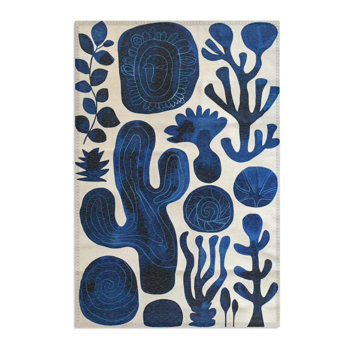 Indigo Desert Dreams rug portrait flat shot indigo abstract botanical cactus spirals leaf shapes on cream background