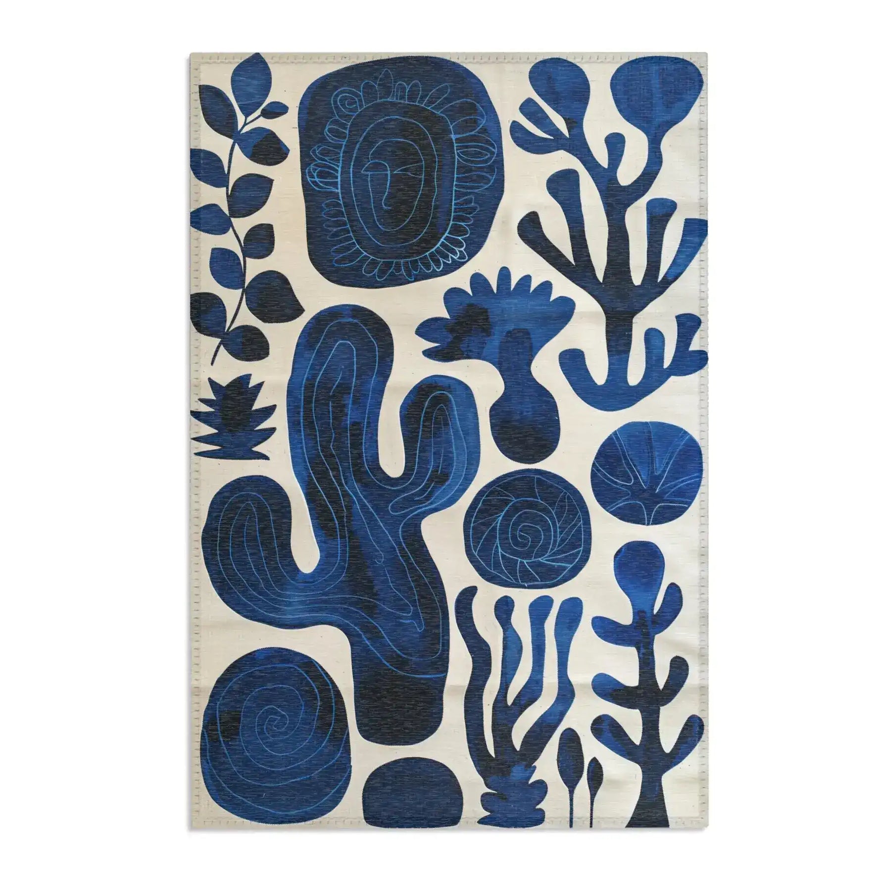 Indigo Desert Dreams rug portrait flat shot indigo abstract botanical cactus spirals leaf shapes on cream background