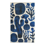 Indigo Desert Dreams Abstract Botanical Rug overhead view indigo cactus leaf spiral shapes on off-white flat variant