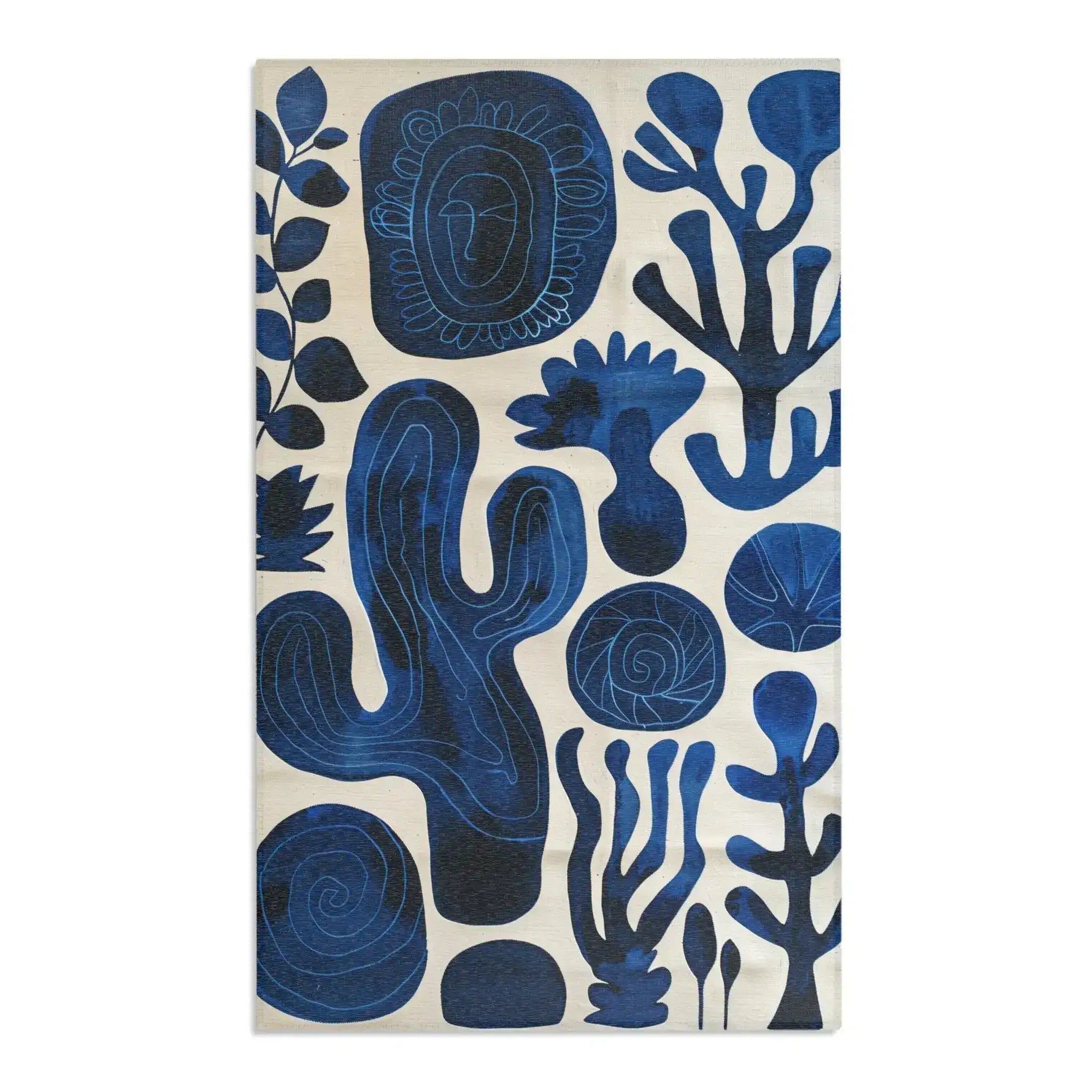 Indigo Desert Dreams Abstract Botanical Rug overhead view indigo cactus leaf spiral shapes on off-white flat variant