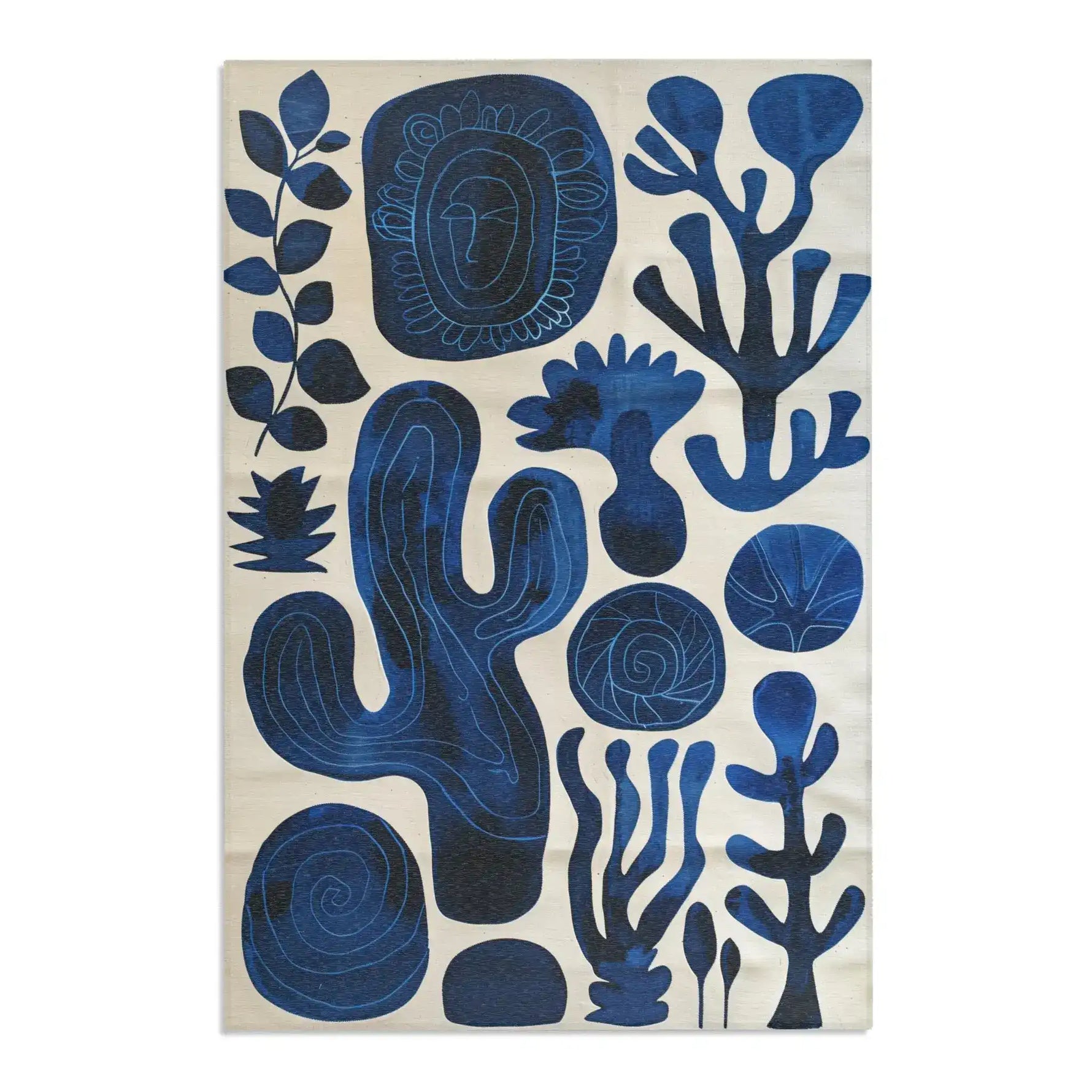 Indigo Desert Dreams rug flat portrait indigo bold botanical cactus leaf spiral motifs on cream abstract background