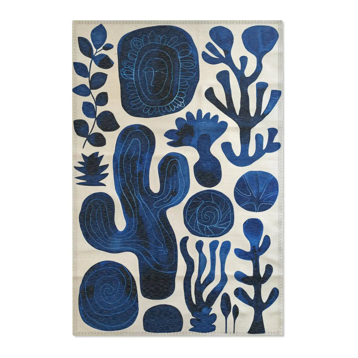 Indigo Desert Dreams Abstract Botanical Rug full flat view indigo blue botanical shapes cactus spirals leaves on cream ivory