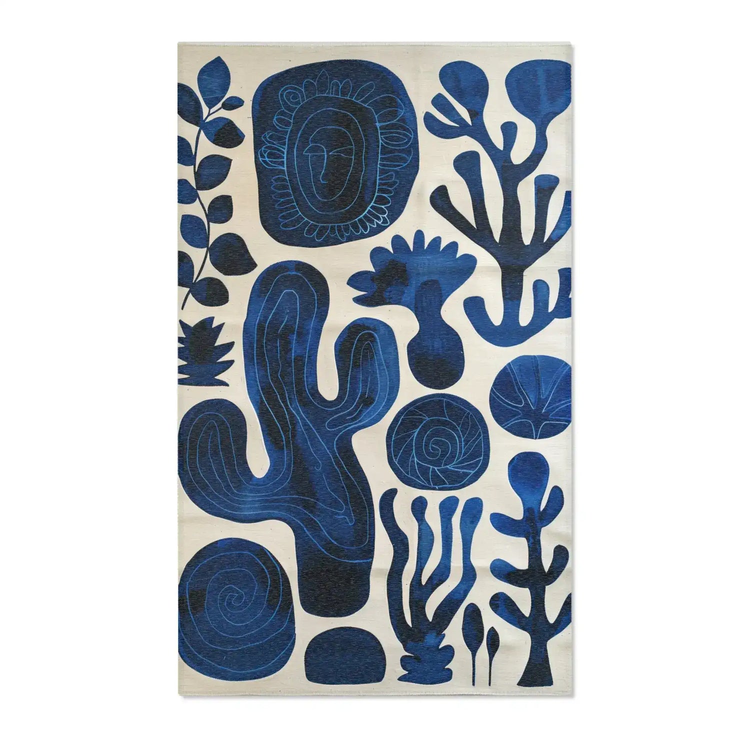 Indigo Desert Dreams rug flat overhead indigo cactus spirals coral seaweed leaf tree shapes on cream background
