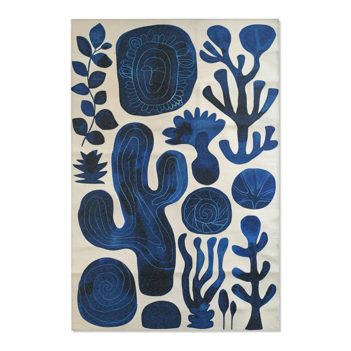 Indigo Desert Dreams Abstract Botanical Rug indigo blue abstract plants spirals cactus on ivory cream background flat shot